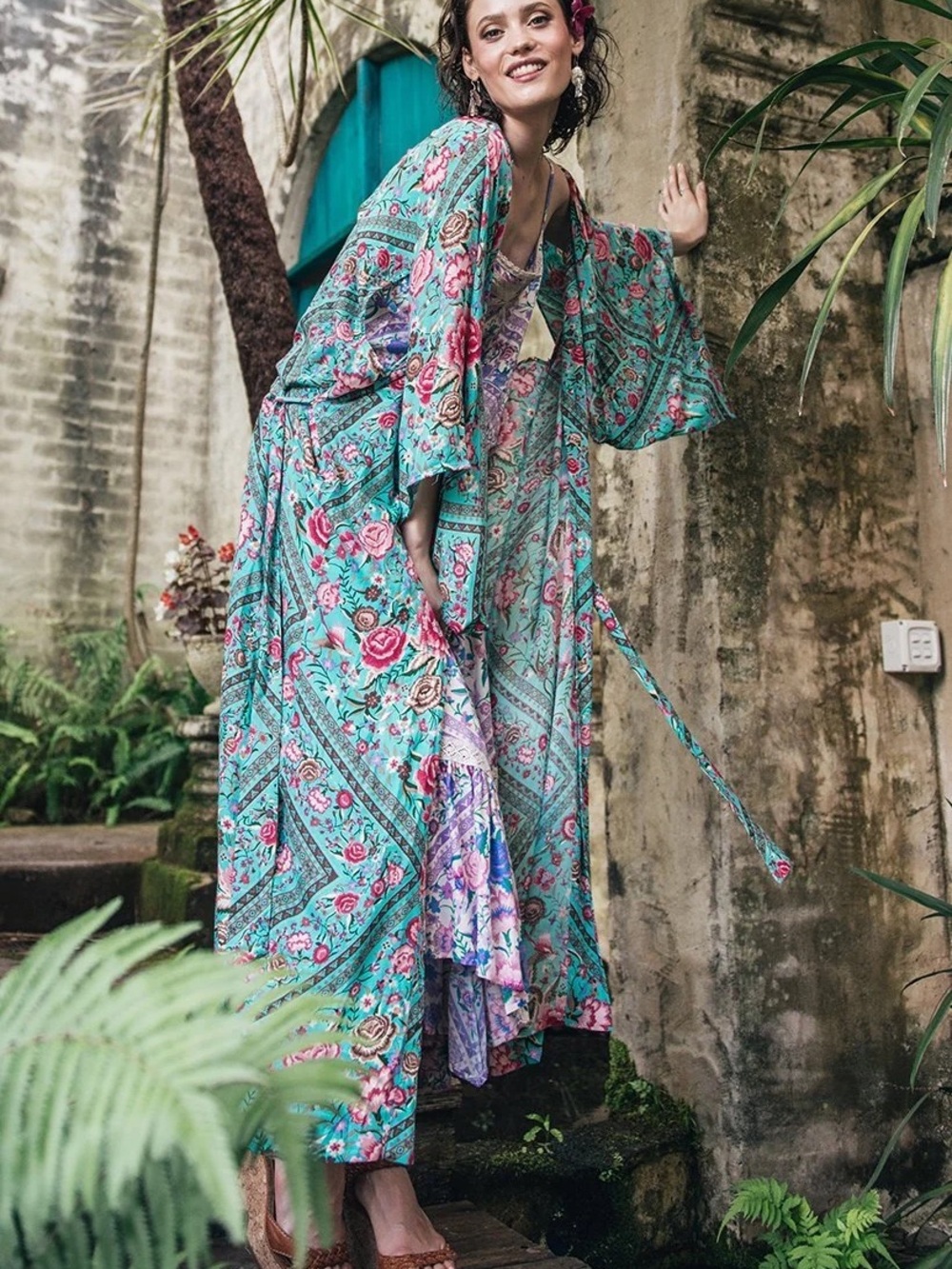 Spell babushka Floral robe Open-Front Kimono in Turquoise with Pink & Green